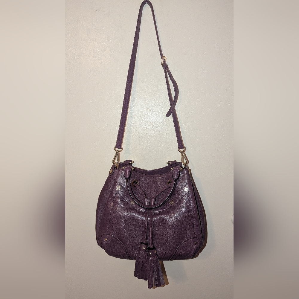 MCM Two-Way Leather Drawstring Bucket Bag Purple COA VGUC - Picture 2 of 14